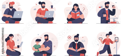 Diverse people engaged in various daily activities, including work, leisure, and family time