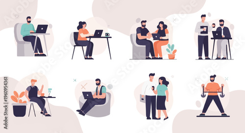 Diverse people engaged in various work and leisure activities