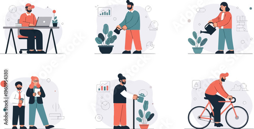 Diverse people engaged in work, gardening, and leisure activities