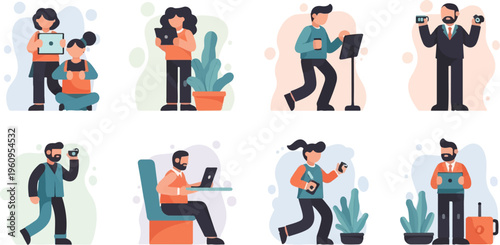 Diverse people using technology and devices for work and leisure