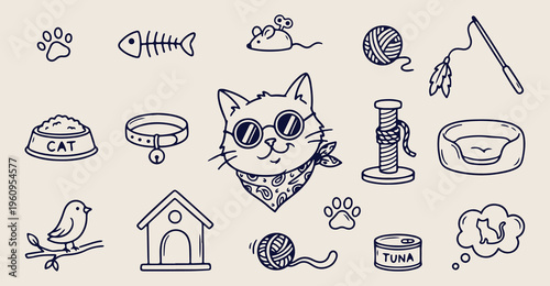  Cool Cat Pet Pattern, Funny Kitten Wearing Sunglasses, Domestic Animal Lifestyle Background, Cute Kitty Character Illustration, Pet Care Grooming Graphics, Feline Friend Animal Lover, Playful Cat Toy