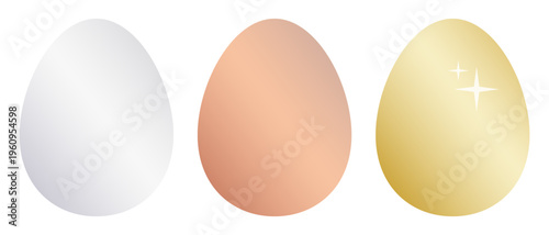 Three eggs of white, brown, and yellow color. Collection of precious metallic silver, bronze and gold Easter eggs. Shiny gradient element for holiday decoration, prize trophy. Vector illustration