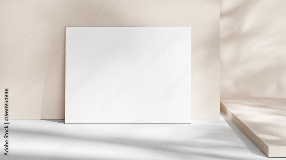 Naklejka premium Minimal Product Display Board with Natural Light, Clean Mockup Background with Copy Space、ミニマルな商品展示ボードと自然光のスタジオ背景（コピー用余白・モックアップ）