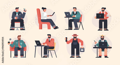 Flat illustration of eight diverse individuals engaged in various work-related activities