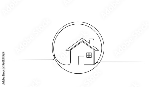 Continuous one line house in circle minimalist vector icon with chimney simple outline isolated on white