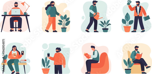 Flat illustrations depict people engaging in various daily activities