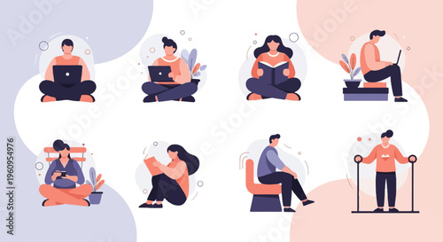 Flat illustrations of people engaged in various activities including working and reading