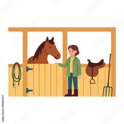A woman interacts with a horse in a barn with farming equipment.