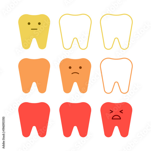Set of tooth icons with different facial expression on rating pain scale. Dental health evaluation chart. Oral hygiene status indicator. Kawaii style cartoon teeth for clinic patient feedback. Vector 