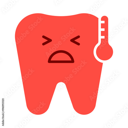 Red tooth icon with thermometer showing dental pain or fever. Dentistry symbol representing oral health issues, toothache or sensitivity. Clinical dental care, hygiene and symptom theme. Vector illust