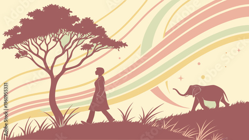 A silhouette of a loving family with a child walking through a sunny park meadow and beach landscape at sunset under a summer sky