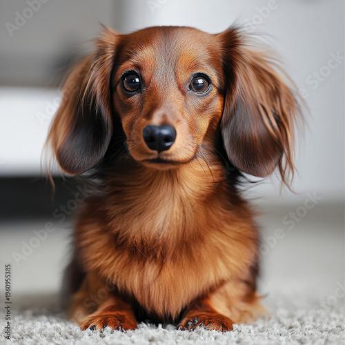 Long haired dachshund dog sitting on carpet, brown fur, big eyes, cute expression, indoor home background