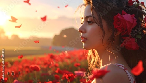 A serene woman in a field of red flowers at sunset