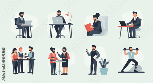 People engaged in various office and fitness activities, depicted in a flat design style