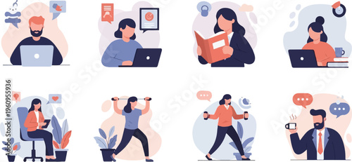 People working, exercising, and relaxing with technology and plants