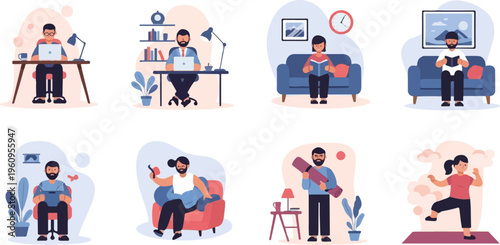 People working, reading, relaxing, and exercising in domestic settings