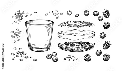 Hand-drawn ingredients and glass for berry pie