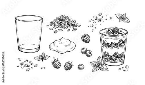 Hand-drawn breakfast parfait with berries, nuts, granola, and yogurt