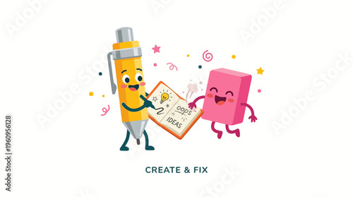 Creative process of ideation, development, and refinement illustrated by cheerful office tools, emphasizing concept generation and meticulous error correction