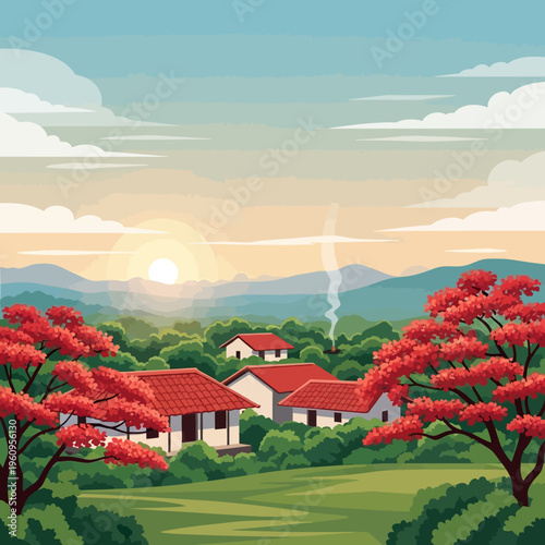 Sri Lankan village sunset landscape, an idyllic background for Sinhala and Tamil New Year Avurudu, with copy space for Kavili and Kiribath culture