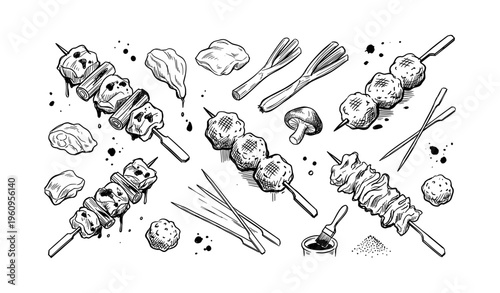 Assorted japanese yakitori skewers with mushrooms and chicken in black and white illustration