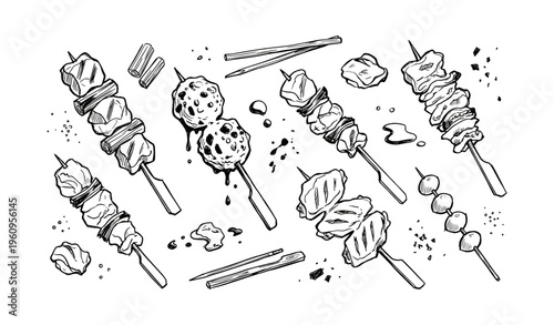 Black and white sketch of various grilled skewers and chopsticks