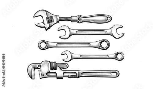 Collection of various wrenches on white background