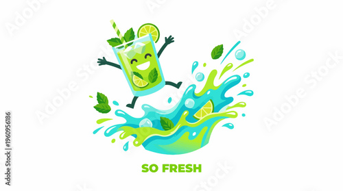 Vibrant cartoon mojito character playfully splashing amidst refreshing lime and mint elements, celebrating a burst of fresh summer flavor and joyful energy