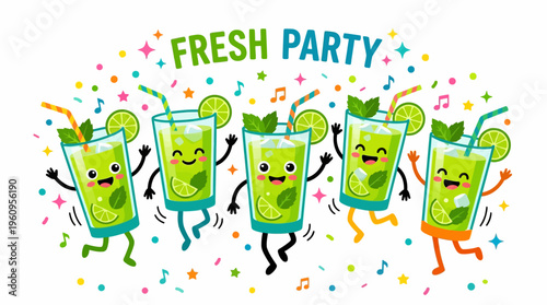 Vibrant cartoon mojito drinks joyfully dancing at a fresh party, surrounded by colorful confetti and musical notes, perfect for summer celebrations