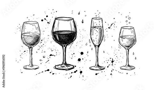 Hand-drawn wine glass collection featuring diverse types and styles
