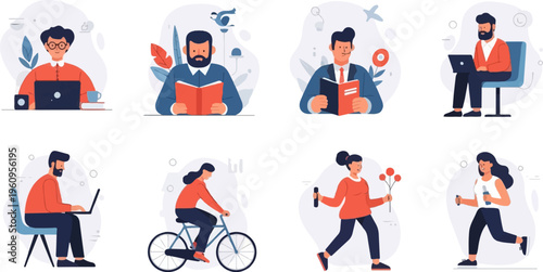 People engaged in various activities like reading, working, cycling, and running