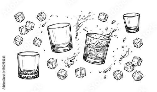 Sketch of ice cubes and glasses with splash effects in artistic style