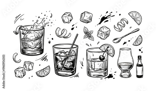 Hand-drawn cocktail elements with ice, citrus, and garnishes in black and white