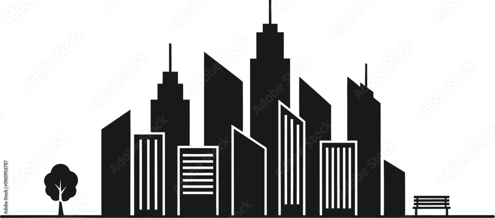 Naklejka premium Cityscape with modern buildings and a tree. 