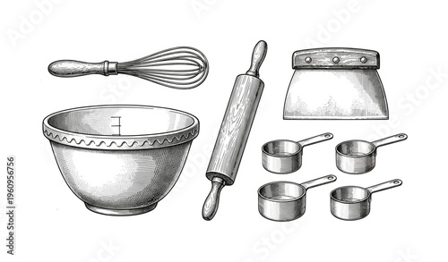 Vintage kitchenware set with mixing bowl, rolling pin, whisk, measuring cups, dough cutter