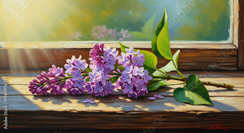 Lilac flowers resting on wooden windowsill with sunlight streaming in  