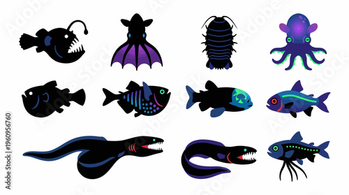 Vibrant Collection of Mysterious Deep-Sea Creatures Illustration Set | Dark Ocean Dwellers with Bioluminescent Features and Stylized Design