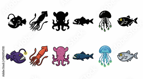 A collection of marine life illustrations including anglerfish, squid, octopus, sharks, jellyfish, and fish in both silhouette and colorful cartoon styles