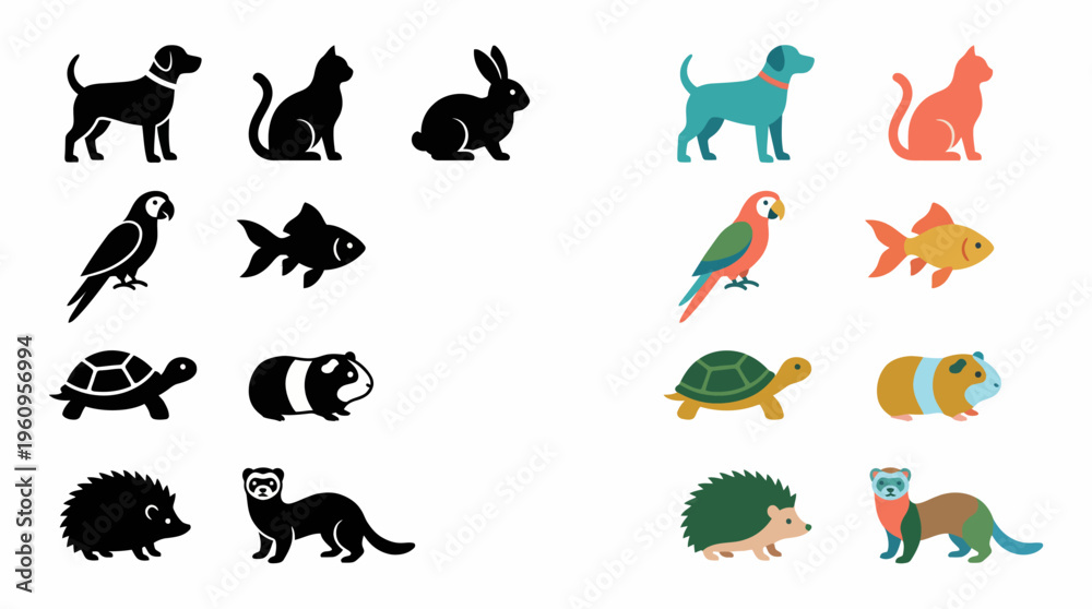 Obraz premium Versatile vector illustrations of common household pets, including dogs, cats, rabbits, and fish. Each animal is presented in contrasting minimalist black silhouette and vibrant flat color styles