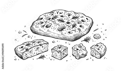 Hand-drawn focaccia bread with rosemary and olives illustration