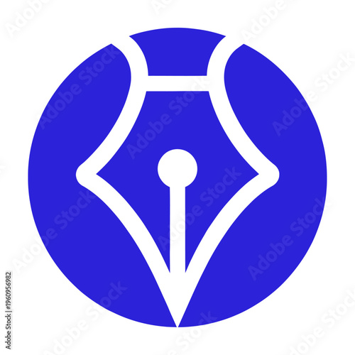 White vector of a pen nib centered on a bold blue circular background
