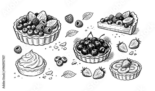 Hand-drawn assorted fruit tarts and pies with berries and leaves