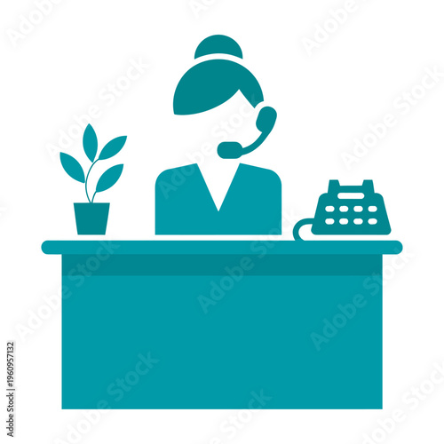 Vector of a receptionist working at a desk with a plant and telephone