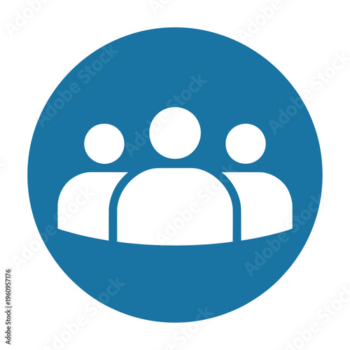 Stylized vector icon of three silhouetted people within a blue circle
