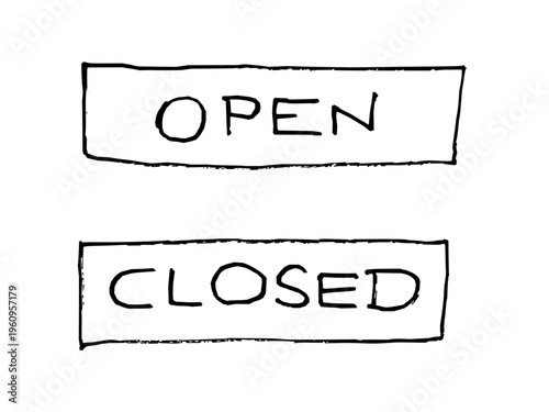 Open closed signboard for a shop. Black doodle style hand-drawn object. Simple isolated open and closed board outline.