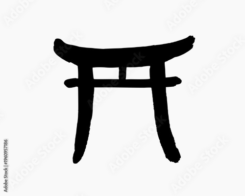 Hand-drawn torii gate, Japanese culture object. Black doodle style hand drawn object. Simple isolated torii gate outline.