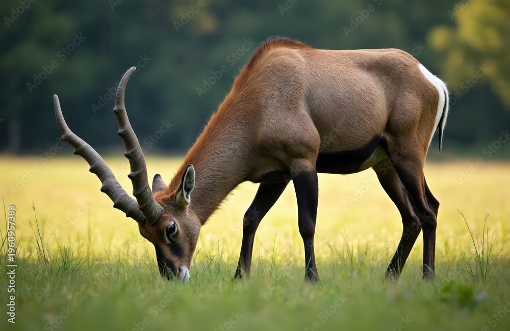 Obraz premium Wild ibex with large curved horns grazes on a rich green meadow. The mammal is a herbivore feeding on grass in its natural habitat during daytime. Wildlife photo.