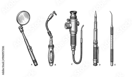 Vintage surgical instruments set with scalpel, endoscope, mirror, dentistry tools