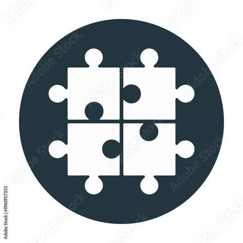 Dark circular vector design with four interlocking white puzzle pieces