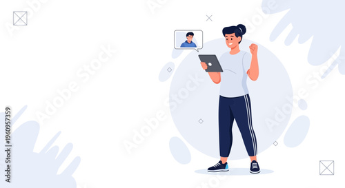 Woman Video Calling on Tablet, Celebrating Success with Remote Friend